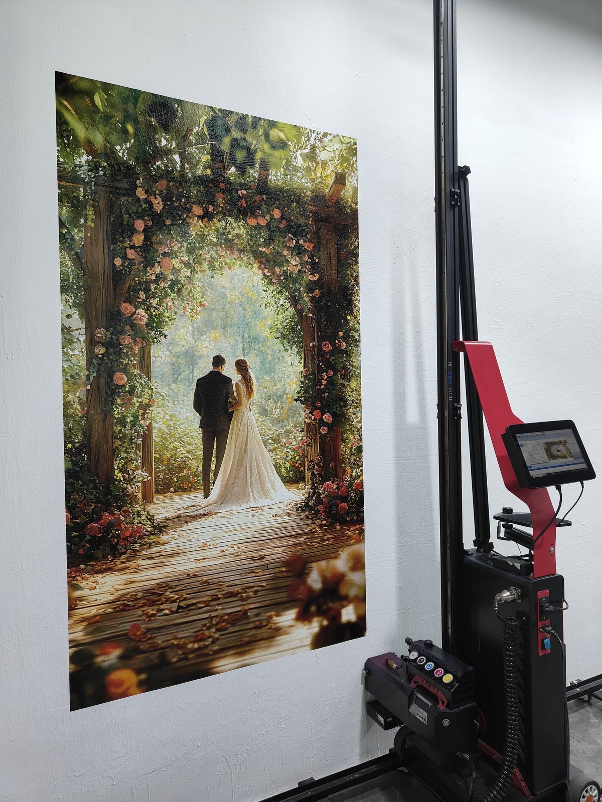 Floral archway mural with a couple, printed floor to ceiling on an interior wall